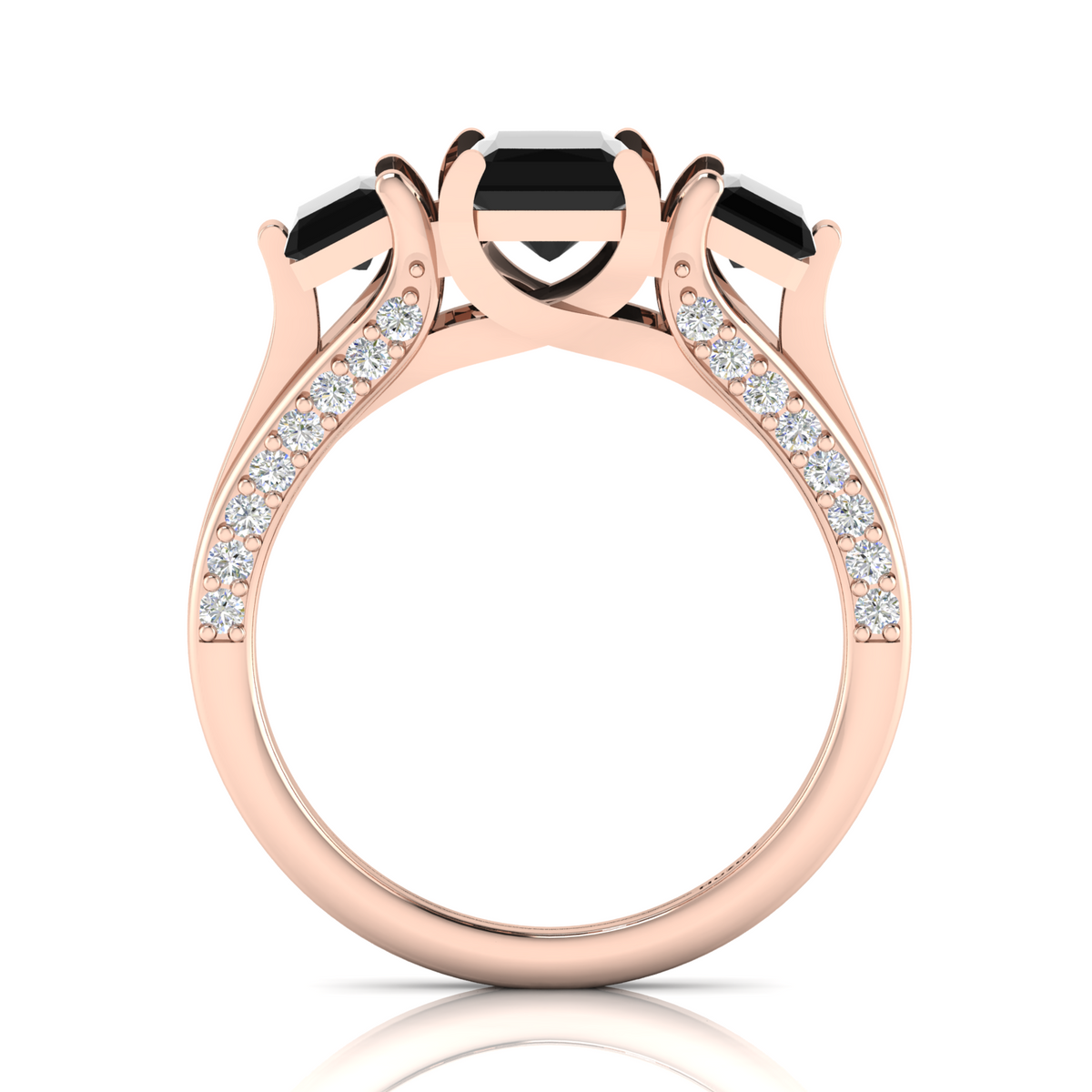 Radiant-Cut Black Diamond Rose Gold Plated Three Stone Ring
