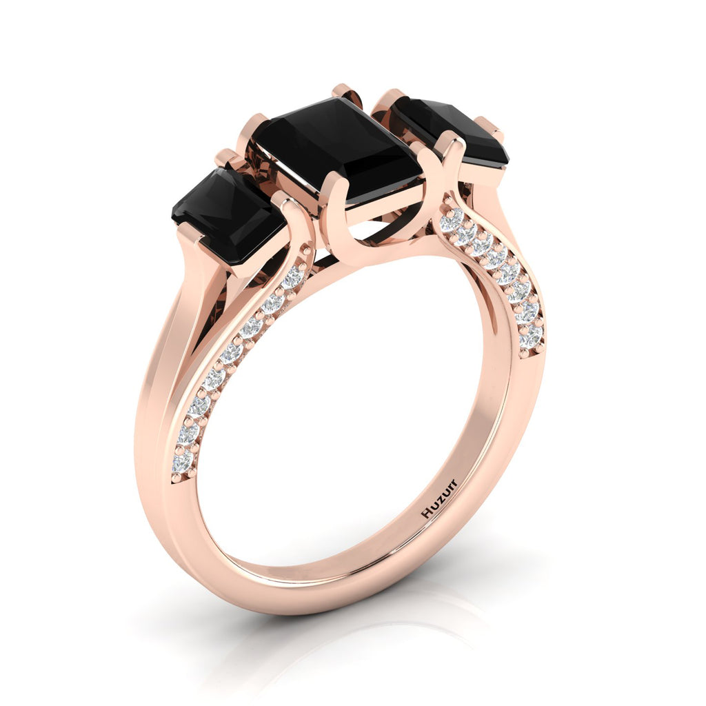 Radiant-Cut Black Diamond Rose Gold Plated Three Stone Ring