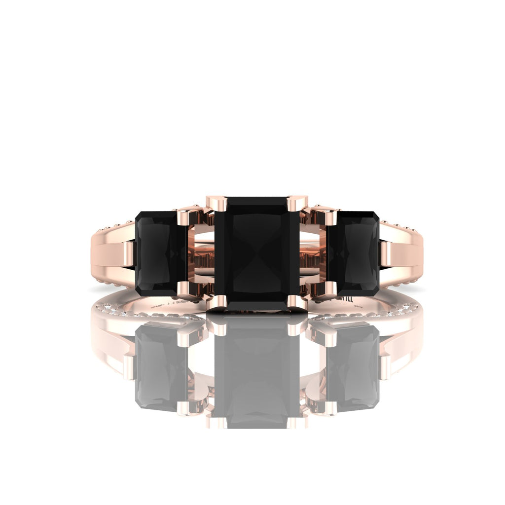 Radiant-Cut Black Diamond Rose Gold Plated Three Stone Ring