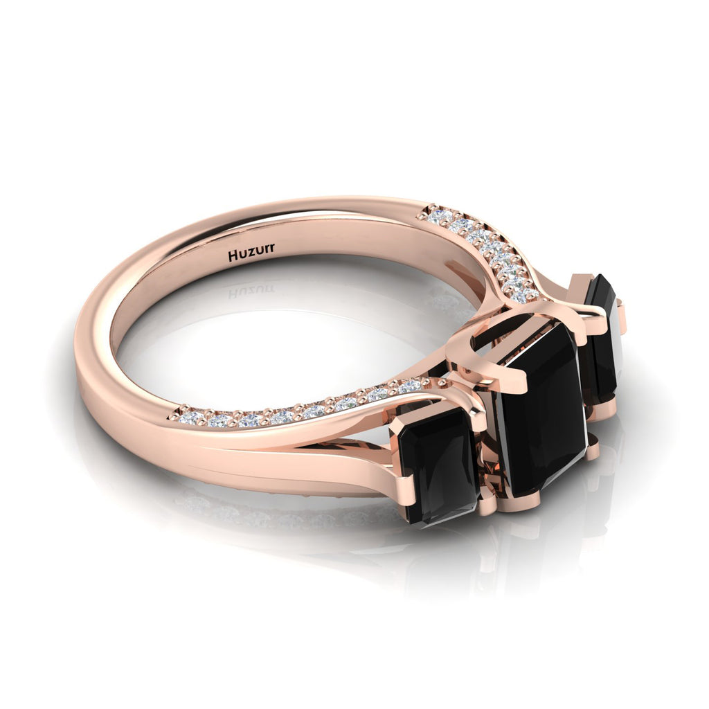 Radiant-Cut Black Diamond Rose Gold Plated Three Stone Ring