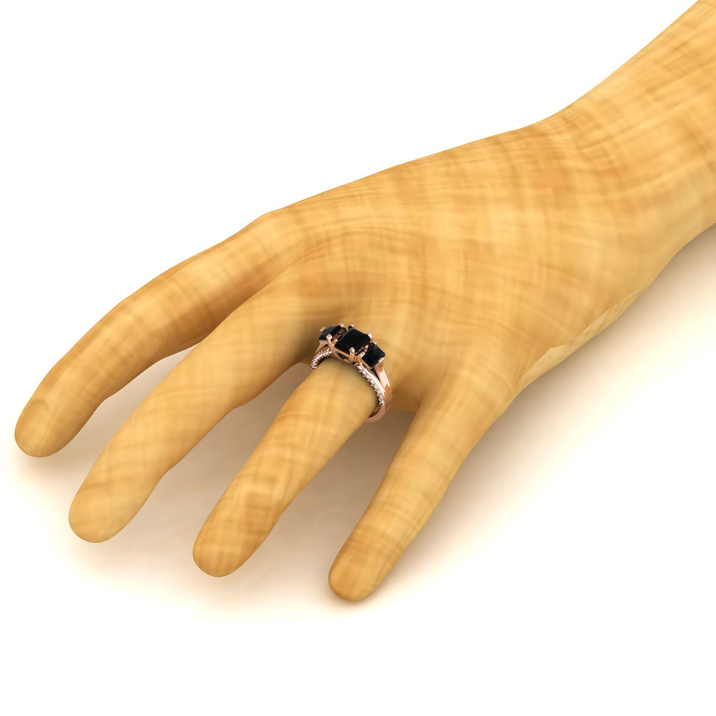 Radiant-Cut Black Diamond Rose Gold Plated Three Stone Ring