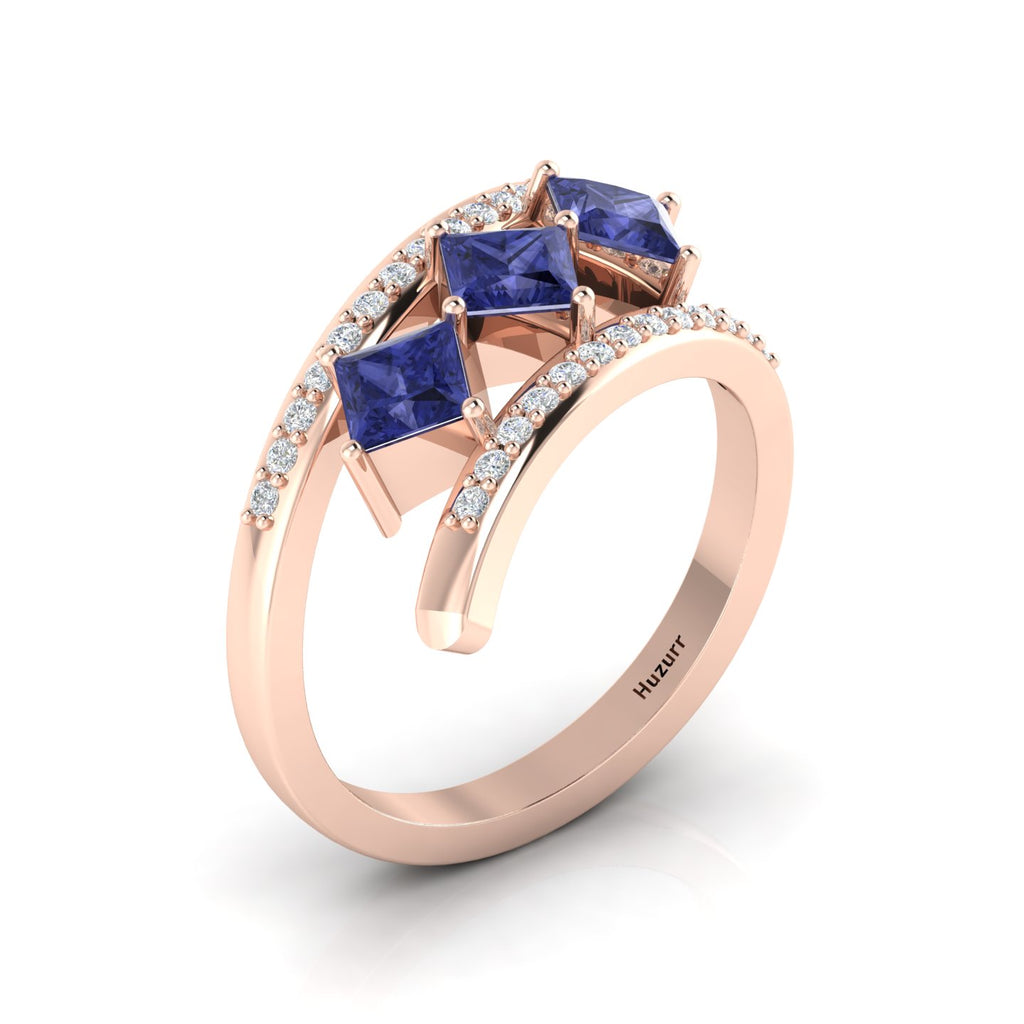 Princess-Cut Tanzanite Rose Gold Plated Three Stone Ring