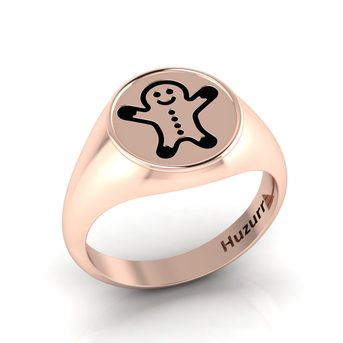 Black Enamel Gingerbread Man Engraved Rose Gold Plated Classic Signet Ring