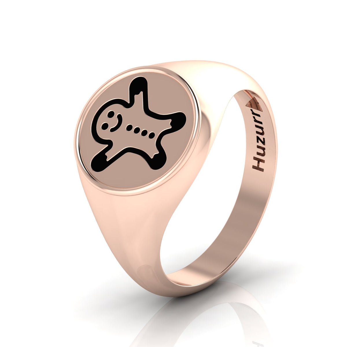 Black Enamel Gingerbread Man Engraved Rose Gold Plated Classic Signet Ring