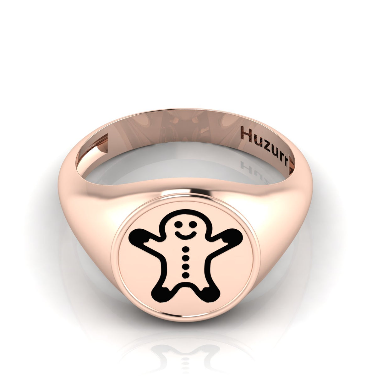Black Enamel Gingerbread Man Engraved Rose Gold Plated Classic Signet Ring