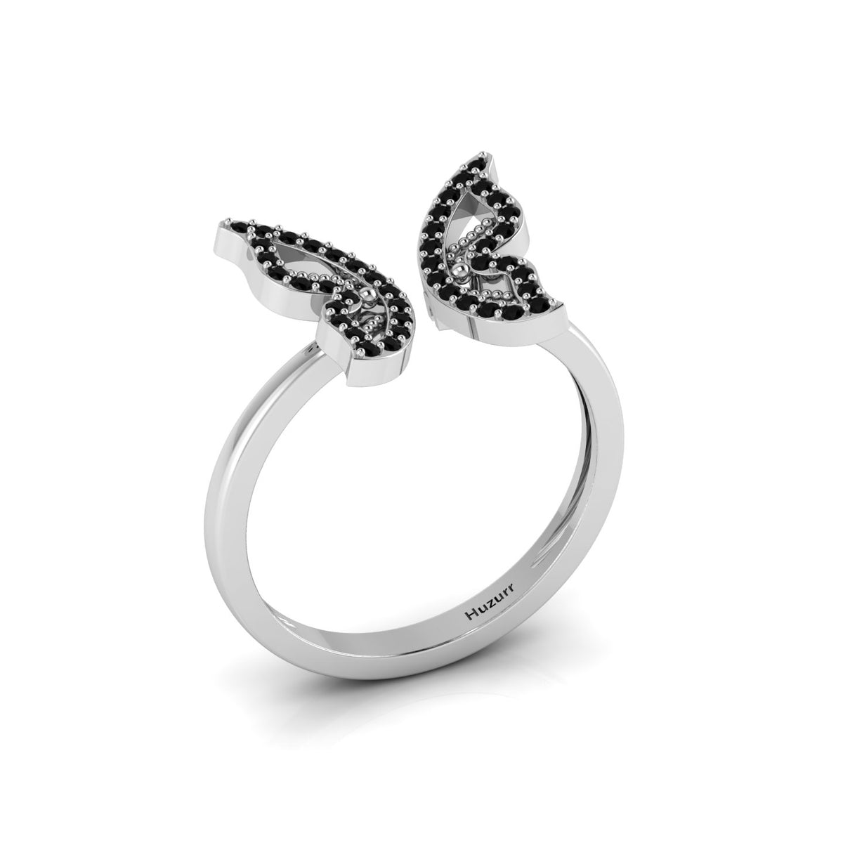 Round Black Diamond Silver Open Butterfly Adjustable Ring
