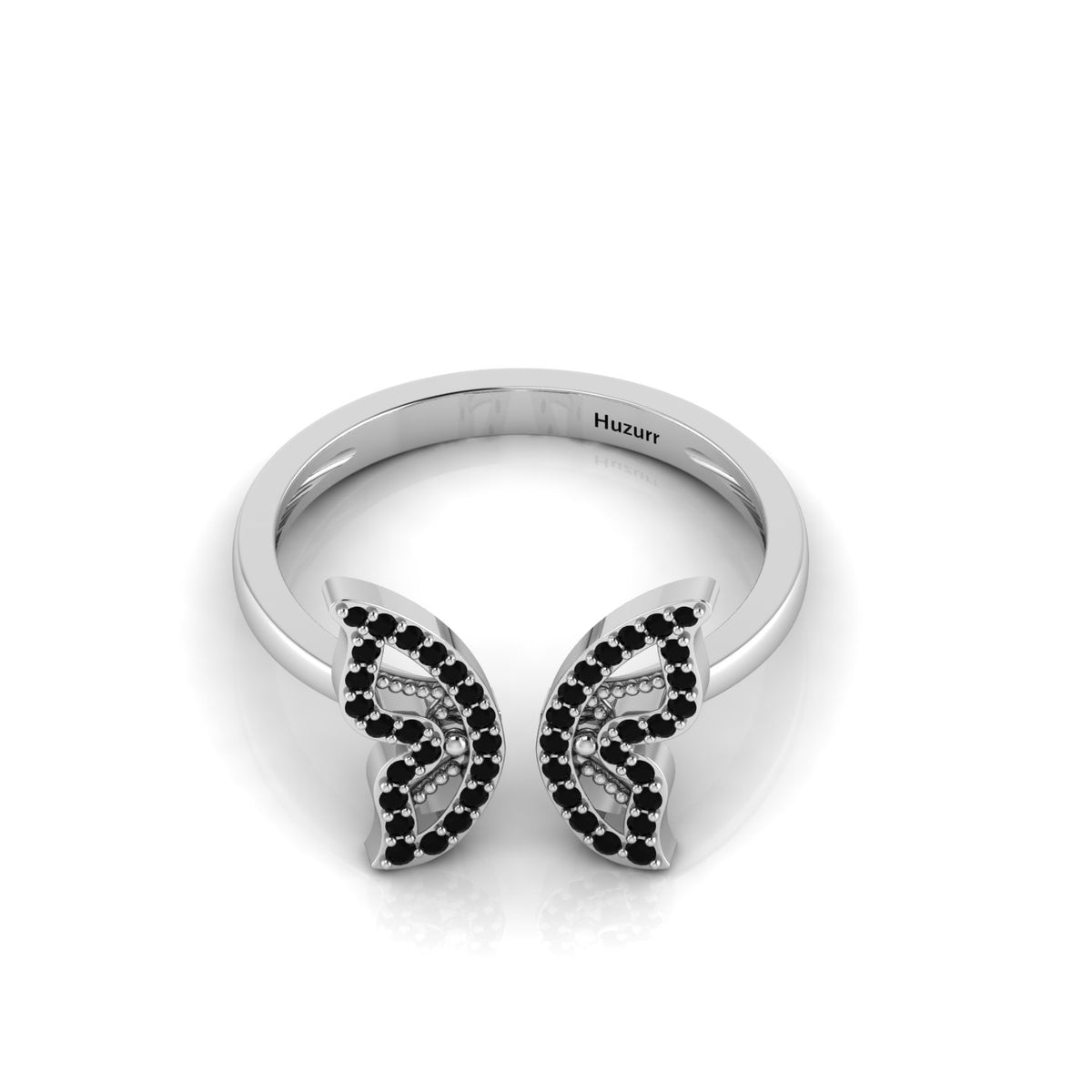 Round Black Diamond Silver Open Butterfly Adjustable Ring