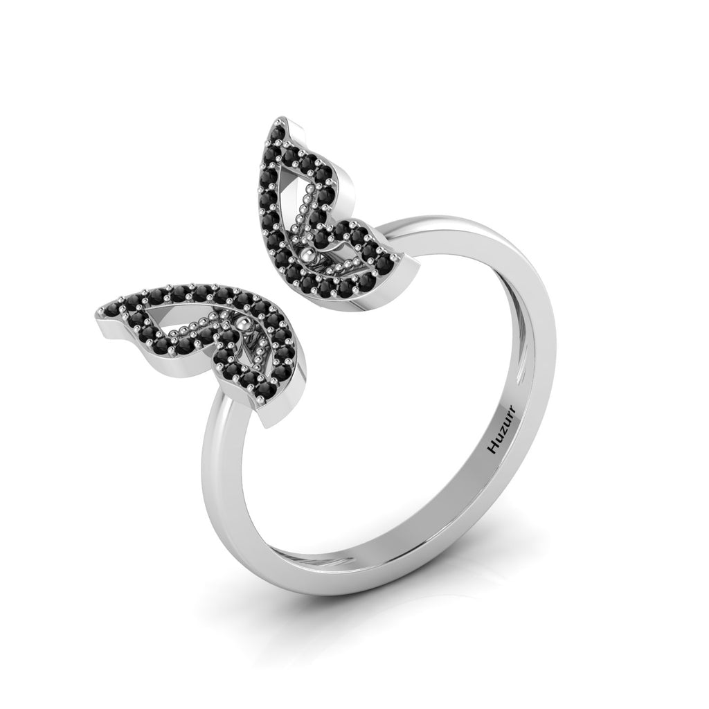 Round Black Diamond Silver Open Butterfly Adjustable Ring