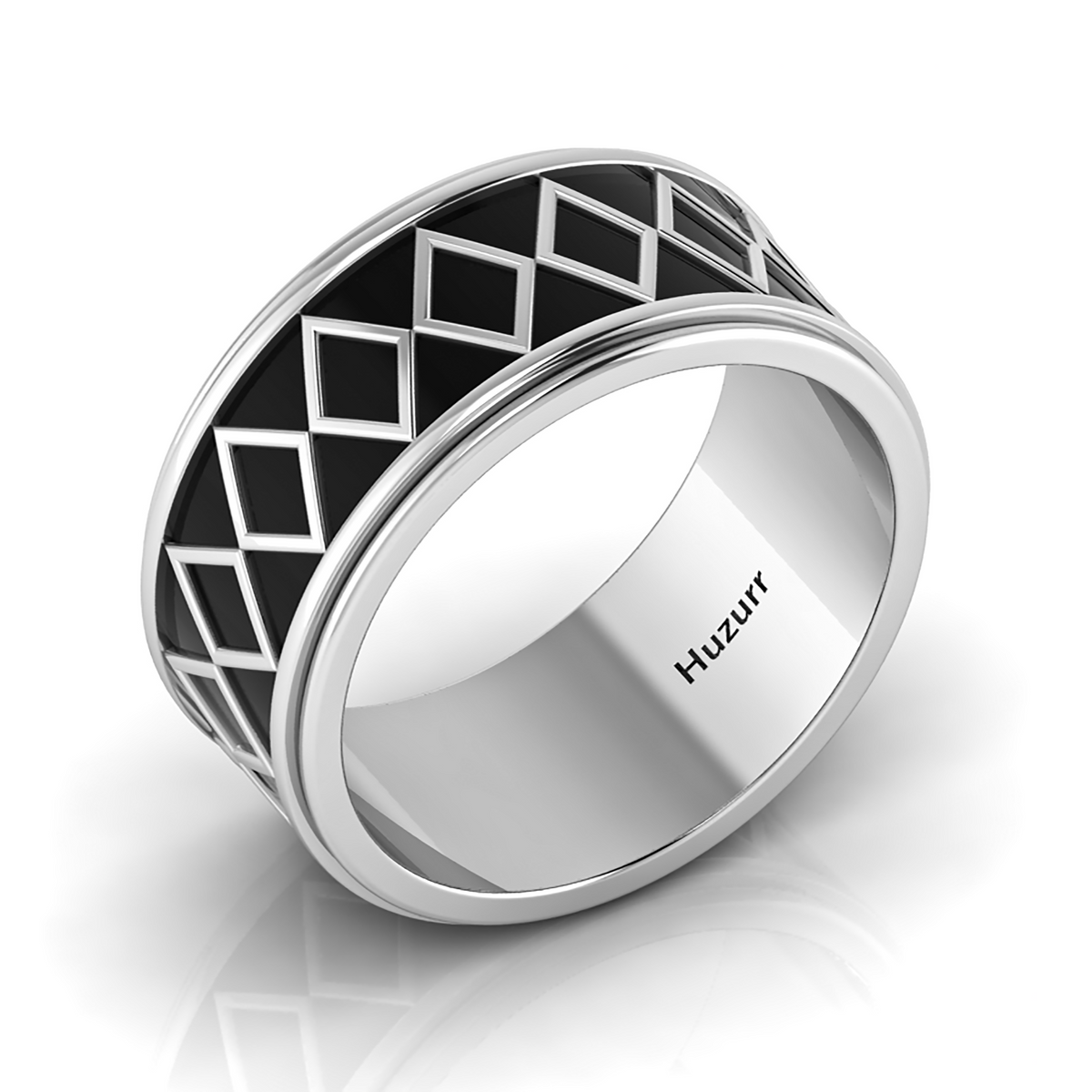 Silver Black Enamel Zigzag-Design Spinner Band Ring