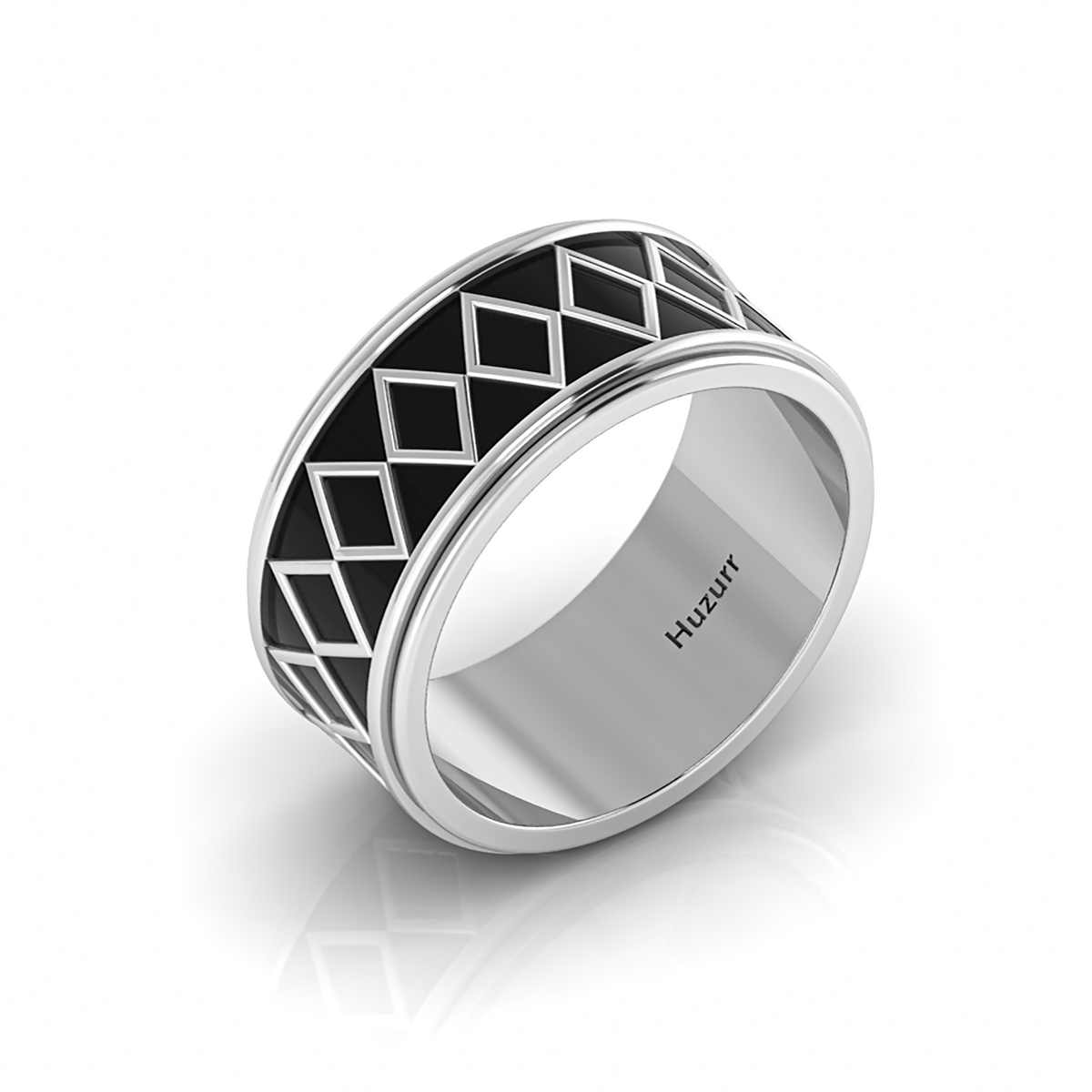 Silver Black Enamel Zigzag-Design Spinner Band Ring