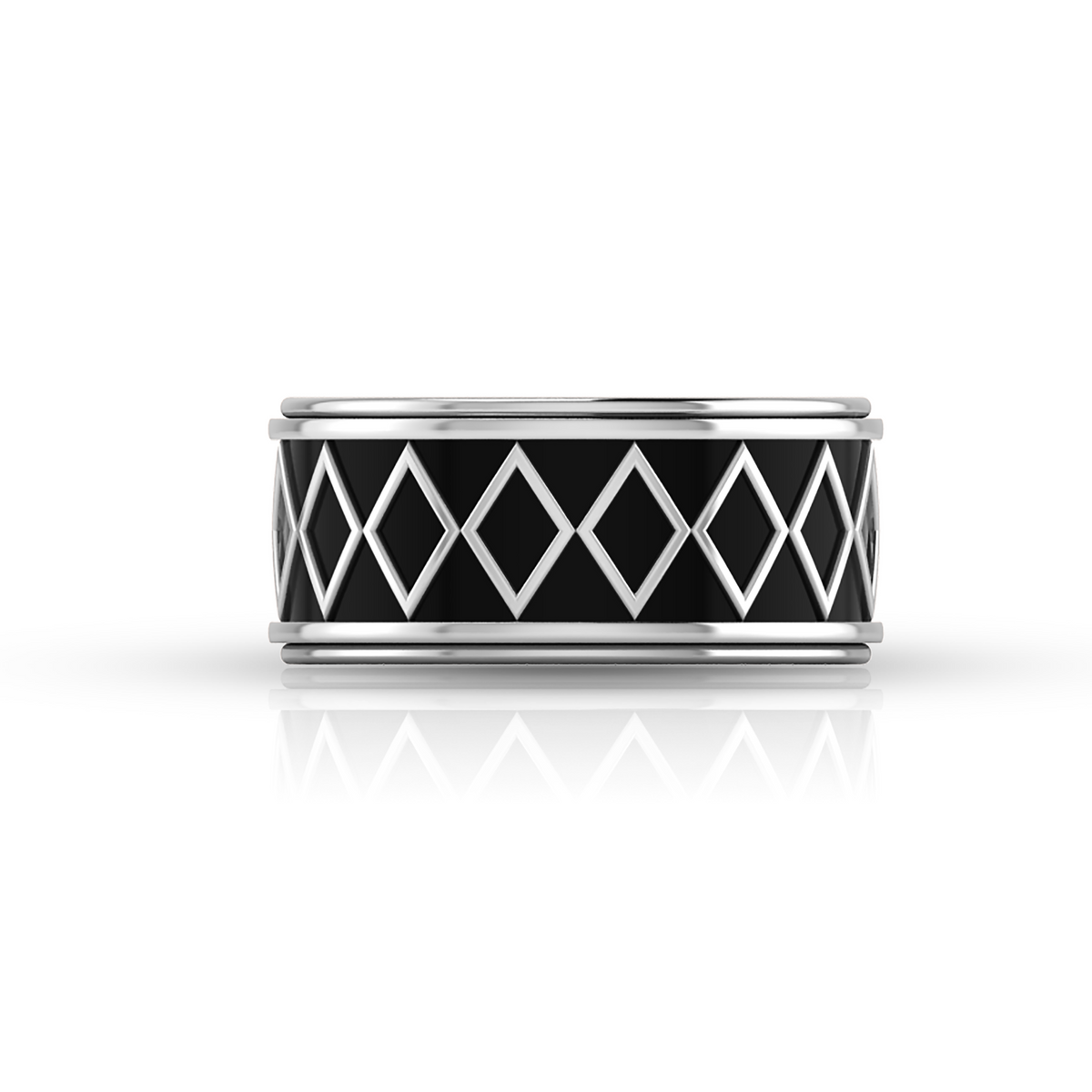 Silver Black Enamel Zigzag-Design Spinner Band Ring
