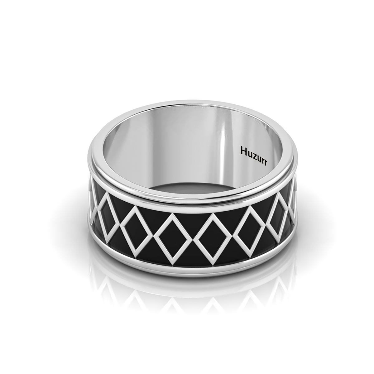 Silver Black Enamel Zigzag-Design Spinner Band Ring