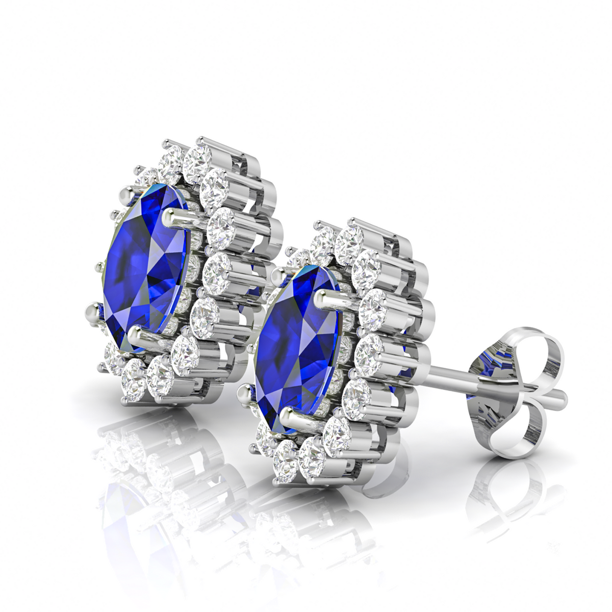 Sterling Silver Stud Earrings With Blue Sapphire And Diamond