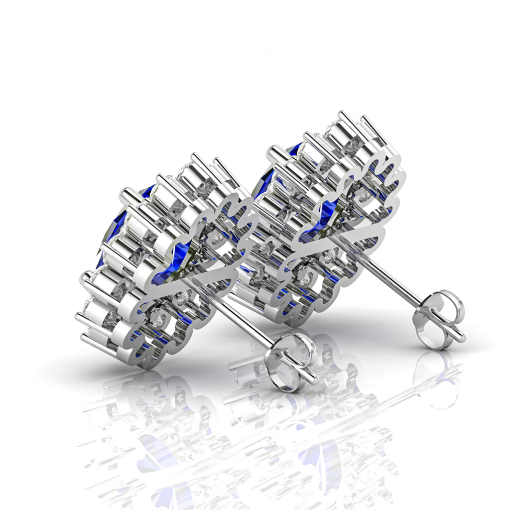 Sterling Silver Stud Earrings With Blue Sapphire And Diamond