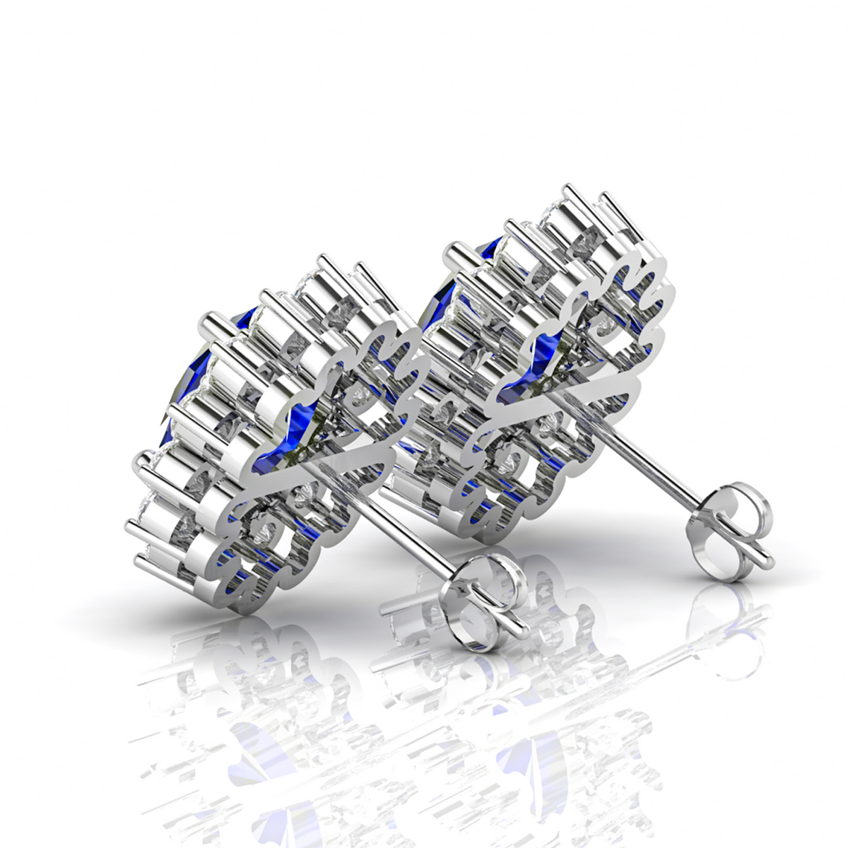 Sterling Silver Stud Earrings With Blue Sapphire And Diamond